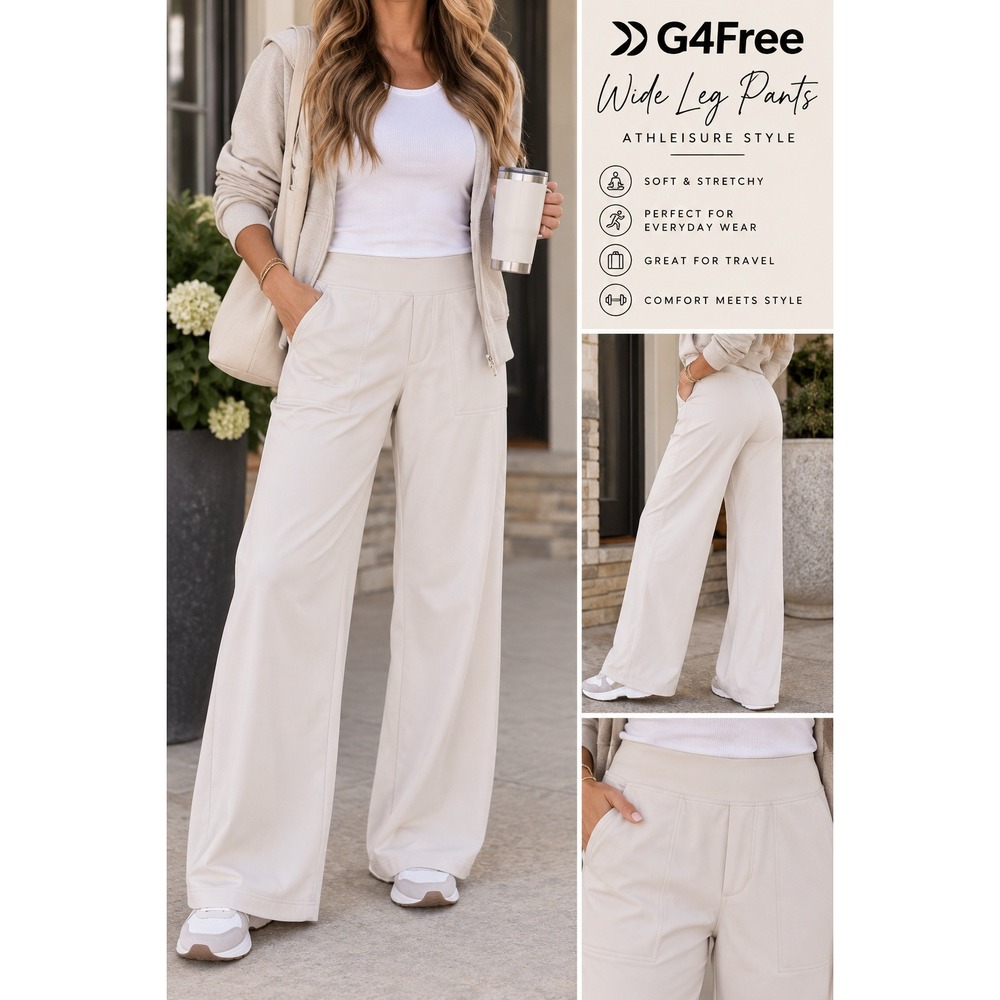 G4Free Wide Leg Athleisure Pants Cream High Waisted GF23J183 Womens Small 29in